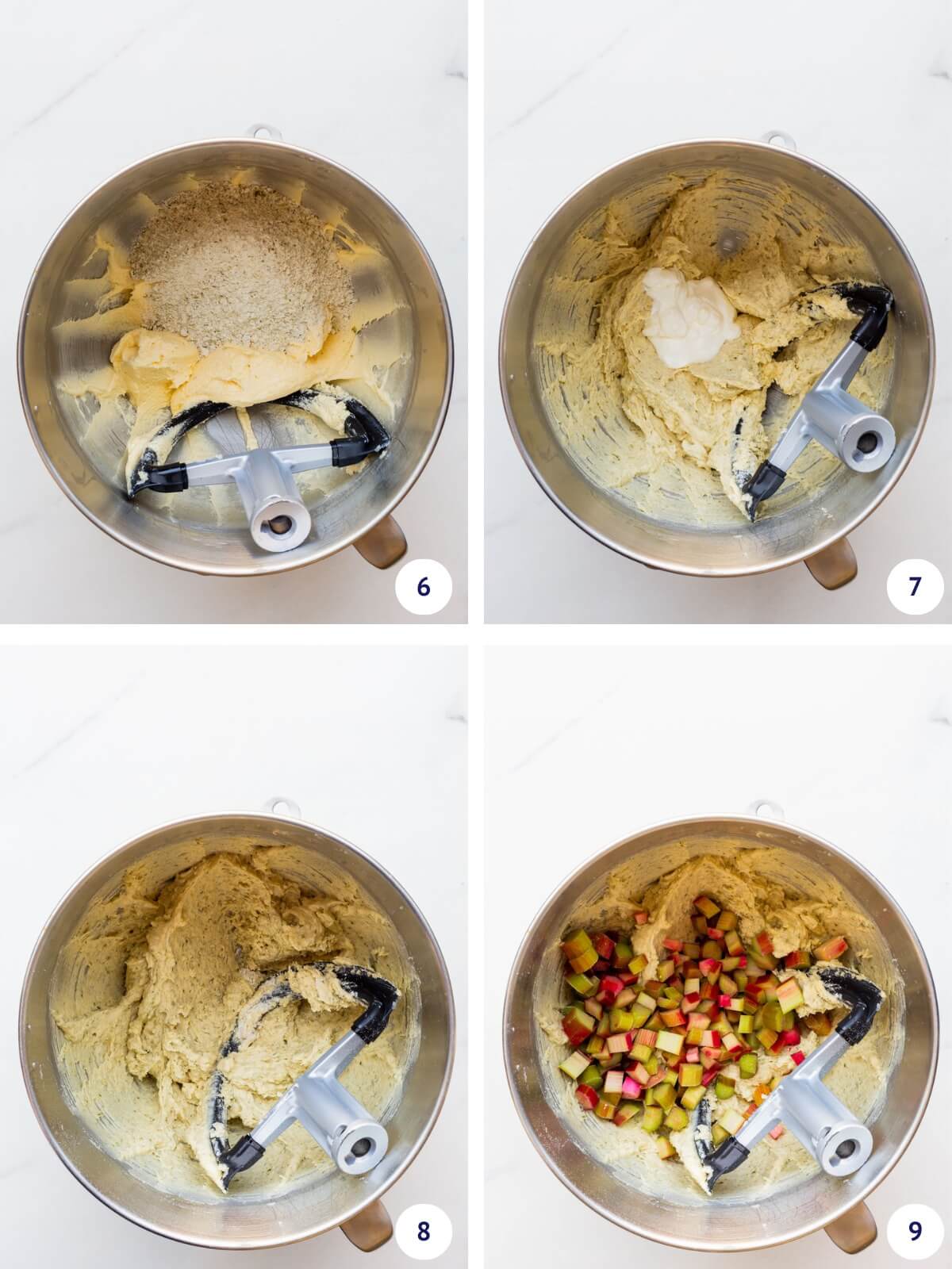 Incorporating dry ingredients and sour cream before adding rhubarb to make a thick batter for moist rhubarb cake.