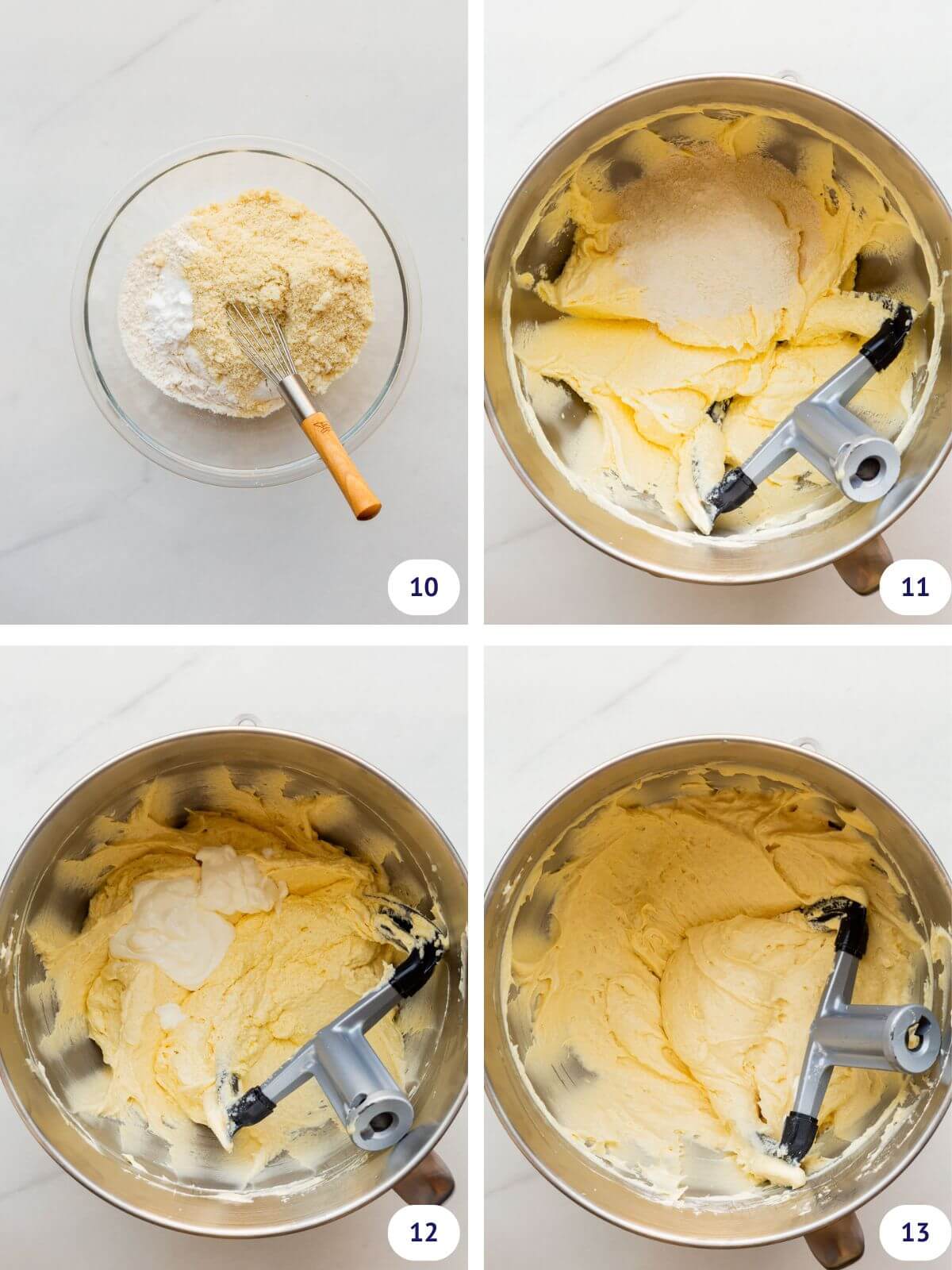 Whisking flour, ground almonds and leavening before adding to a vanilla cake batter with sour cream to create the vanilla cake layer of a rhubarb upside-down cake.