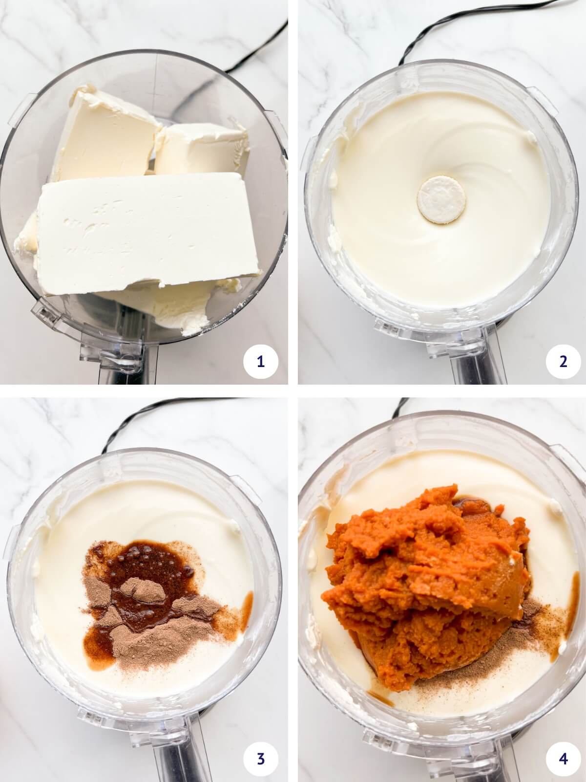 Mixing cream cheese until smooth before adding pumpkin spices and pumpkin purée to create filling for baked pumpkin cheesecake in food processor.