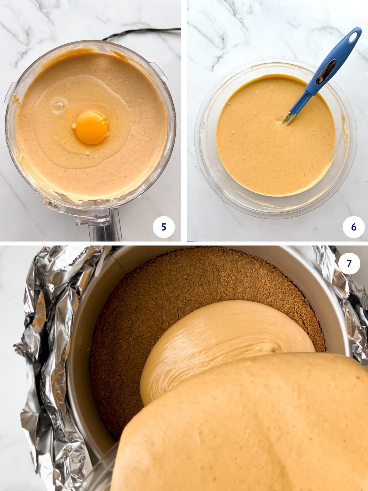Adding eggs one at a time to pumpkin cheesecake filling before pouring onto baked graham cracker crumb crust.