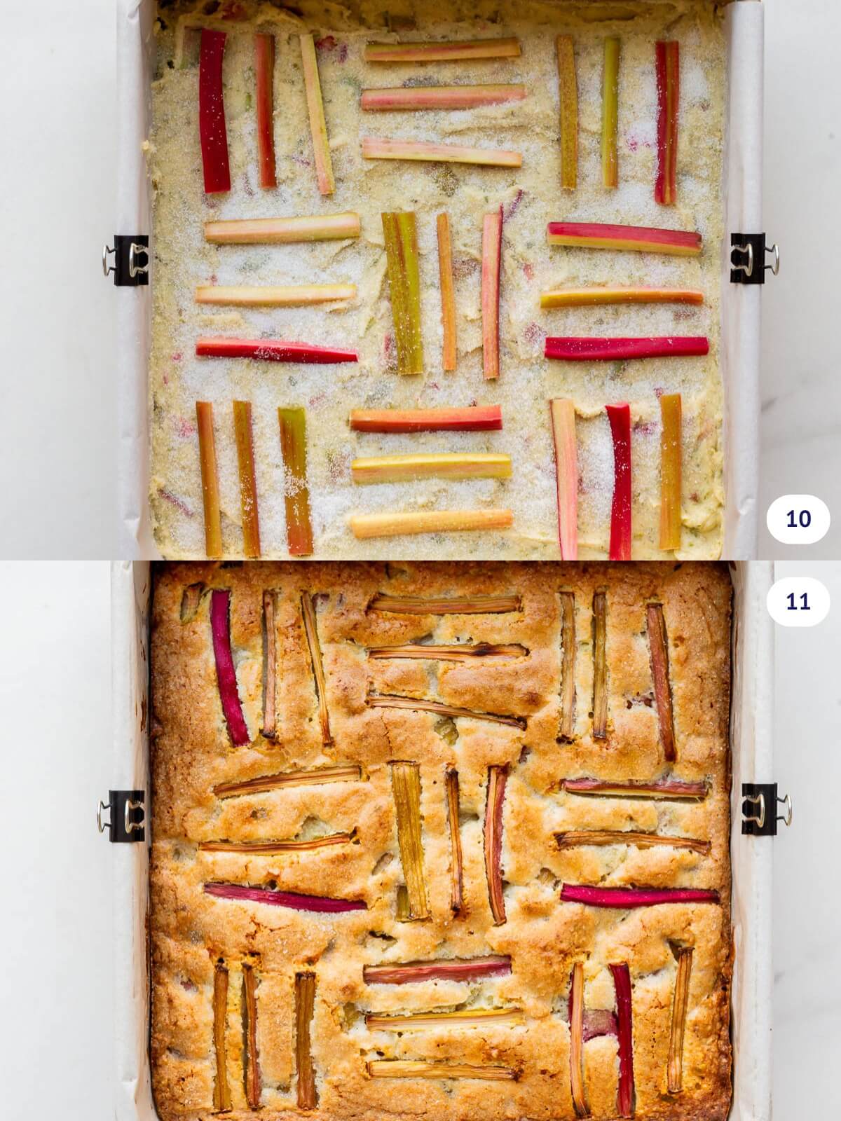 Square rhubarb sour cream cake before and after baking.