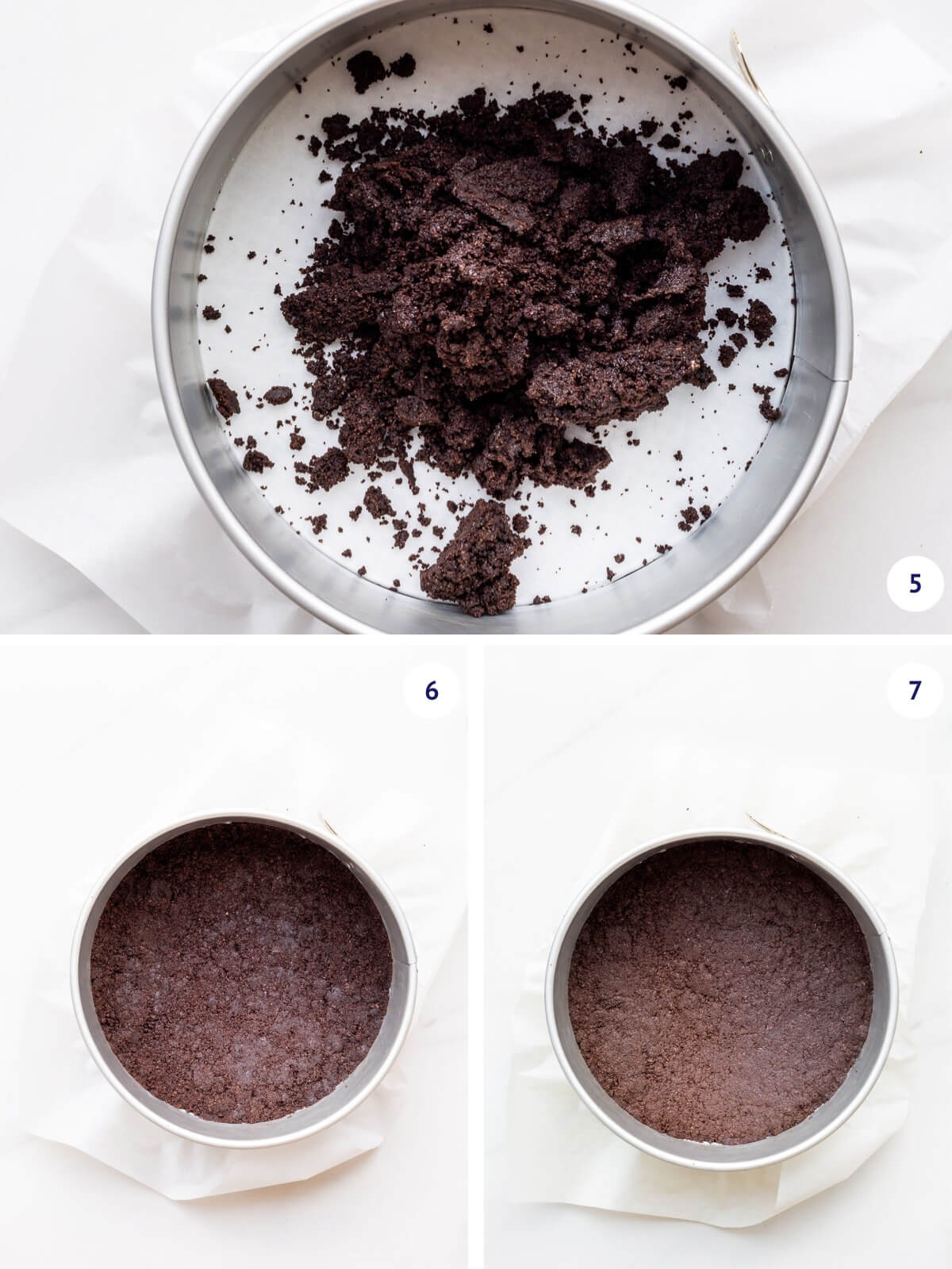 Pressing Oreo cookie crust into springform pan and baking until set.