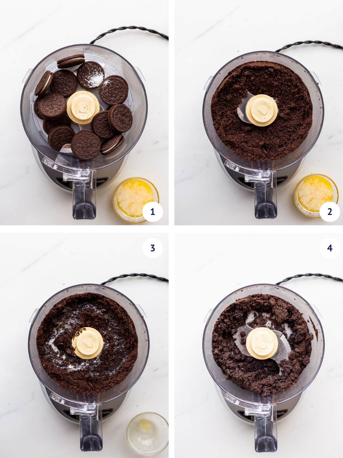 Grinding whole Oreo cookies into a fine crumb with salt before adding butter to make a chocolate crumble for a cheesecake crust.