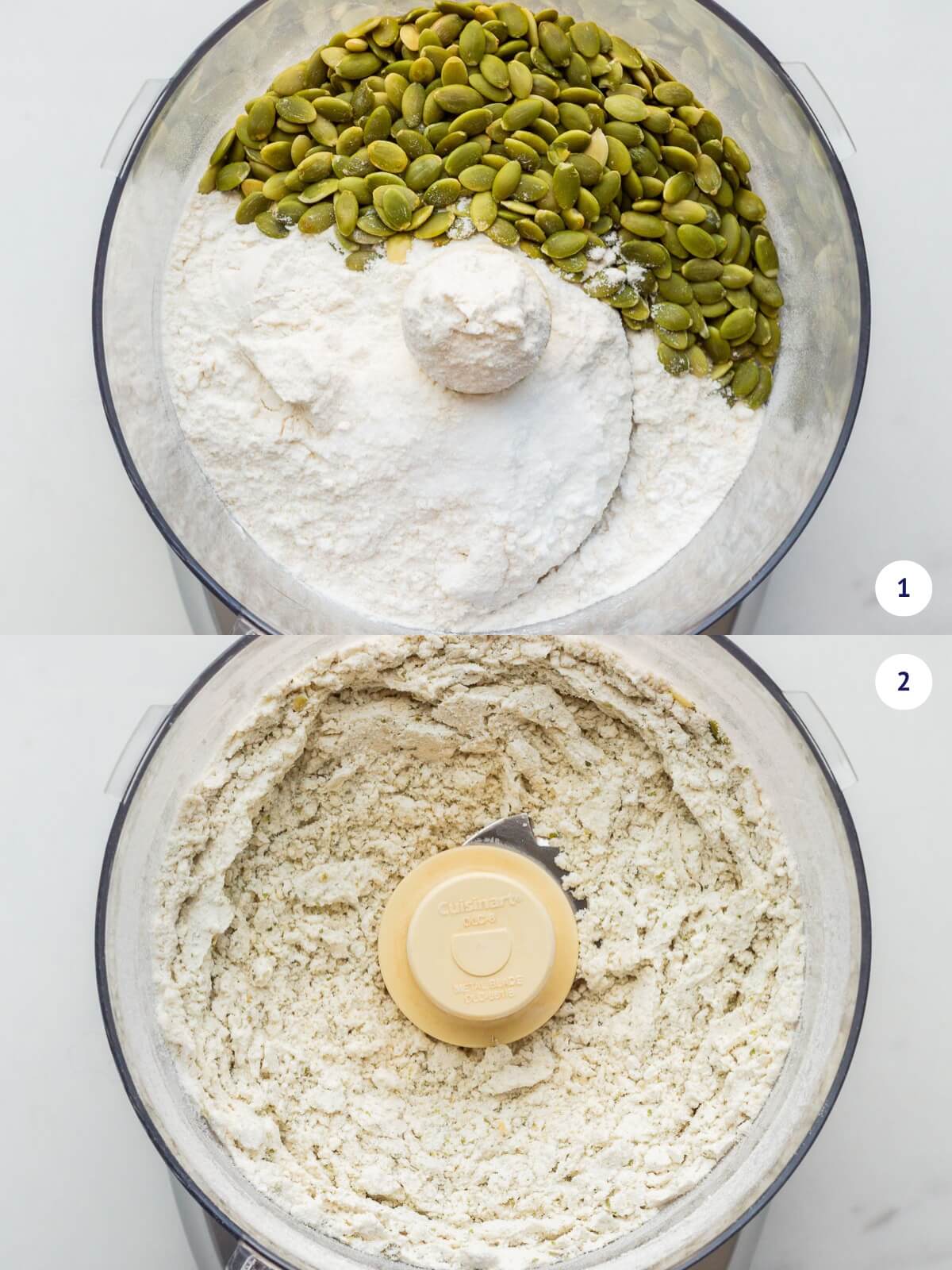 Grinding pumpkin seeds with dry ingredients to make a rhubarb cake with pumpkin seeds.