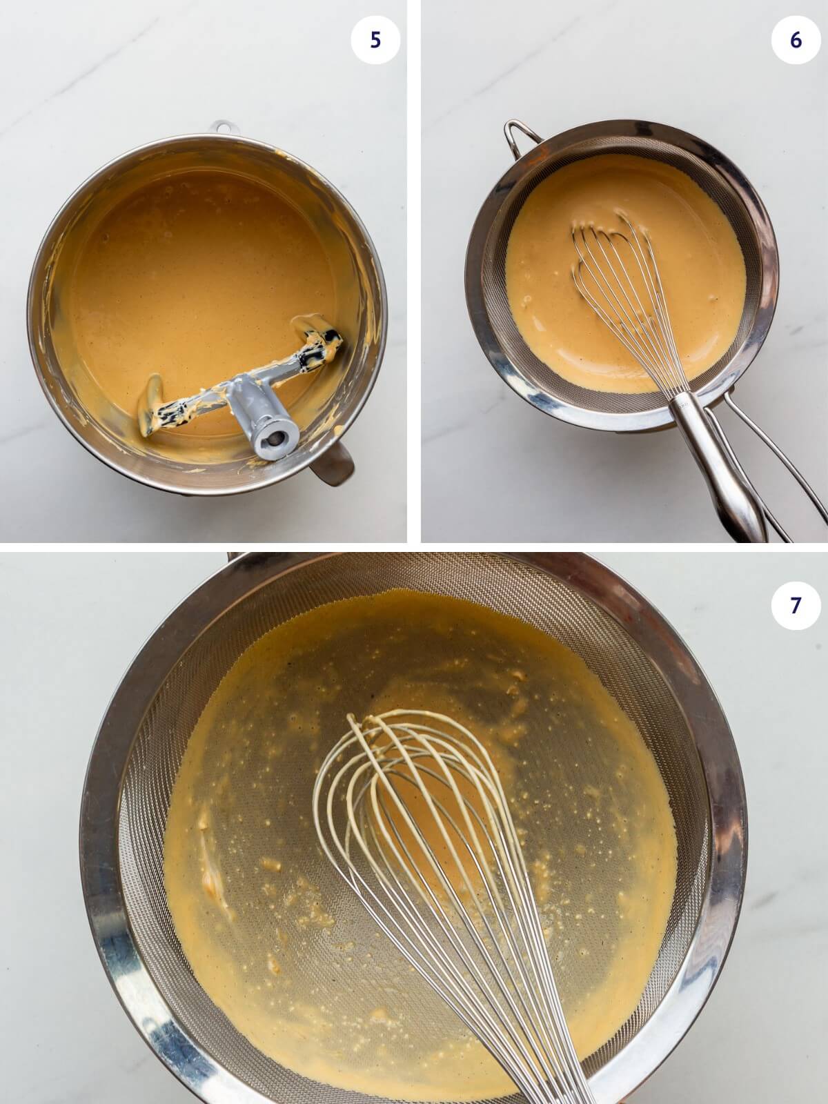 Straining coffee cheesecake filling through a fine mesh sieve to remove lumps before filling the crust and baking the cheesecake.