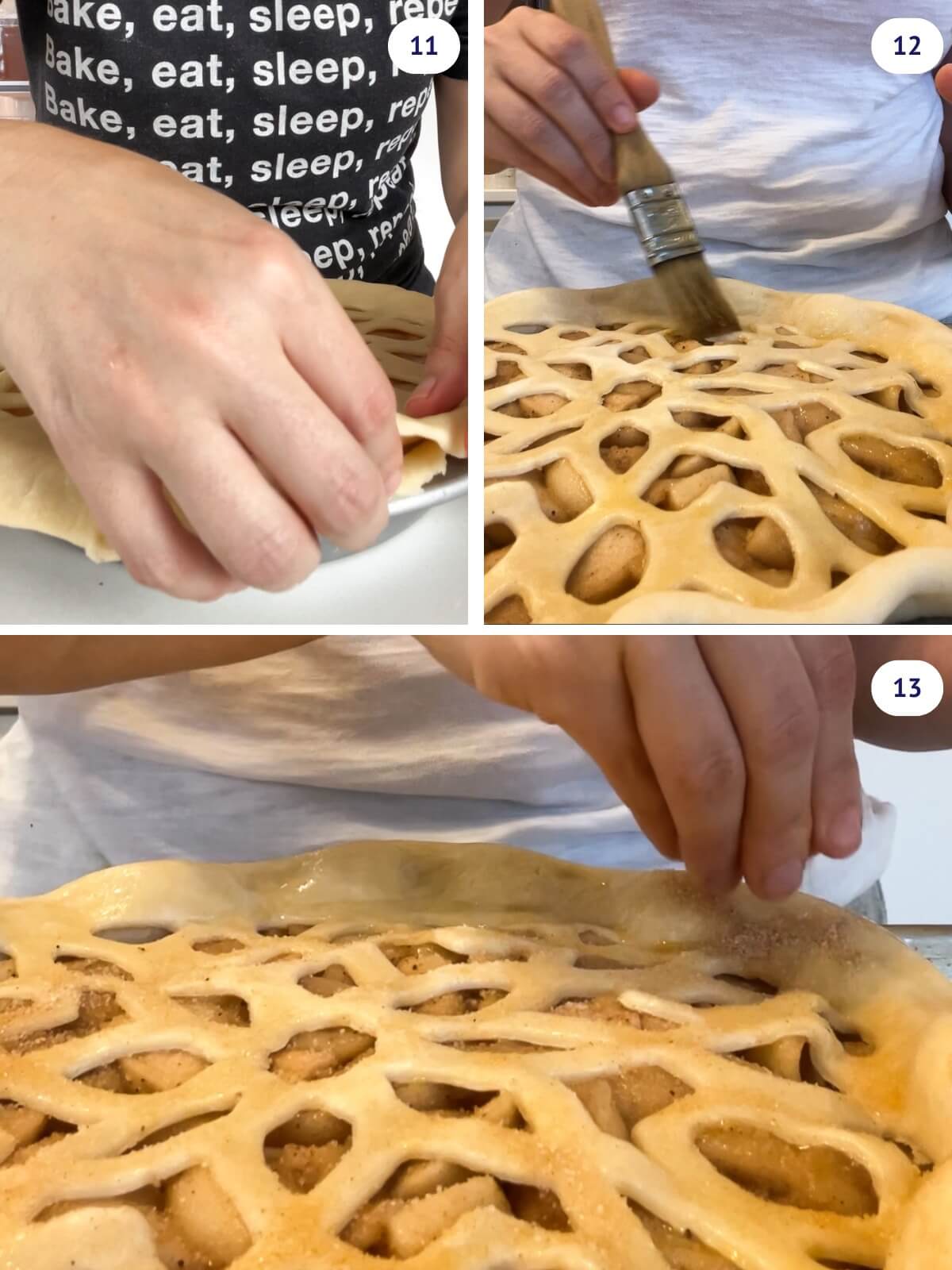 Crimping a double crust apple pie before brushing with egg wash and sprinkling with cinnamon sugar.