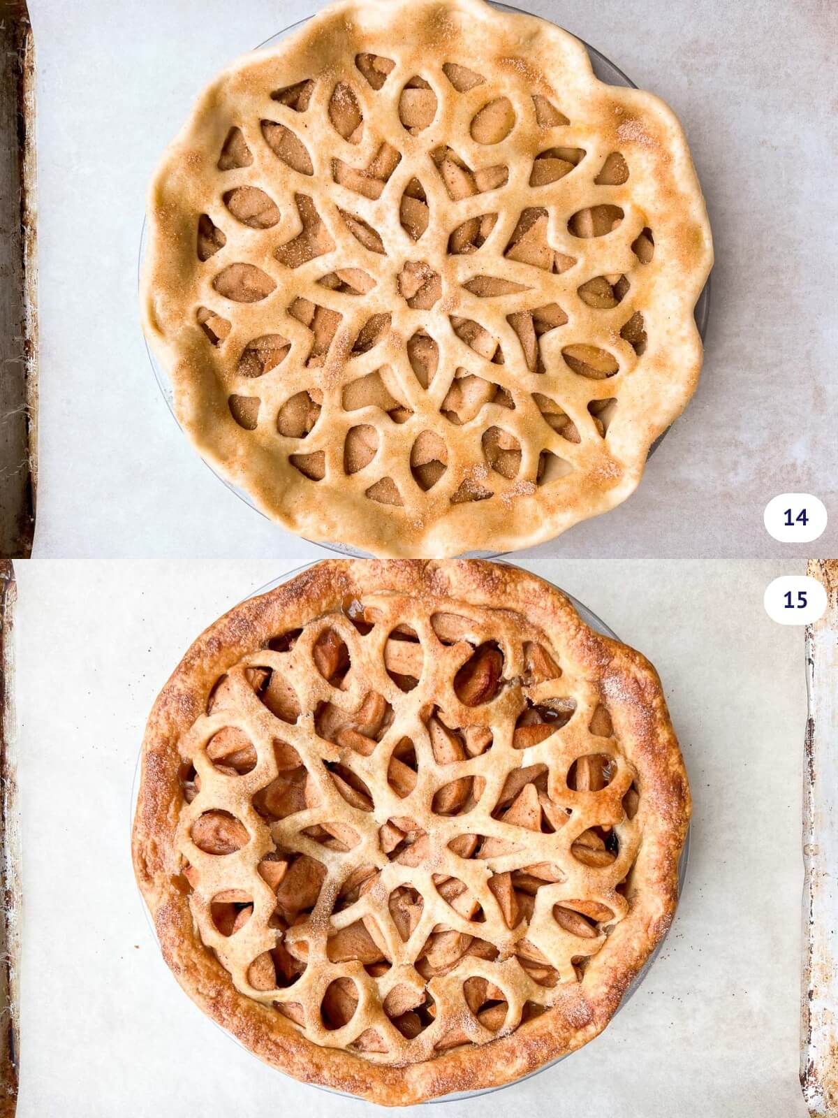 A homemade double-crust apple pie with a decorative pie crust before and after baking.