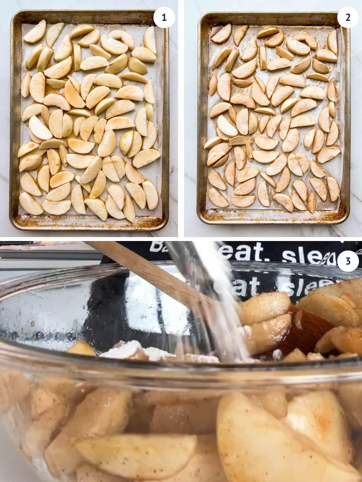 Slices of apple coated in maple syrup on a sheet pan, before and after baking, before mixing with flour to make the filling for an apple pie.
