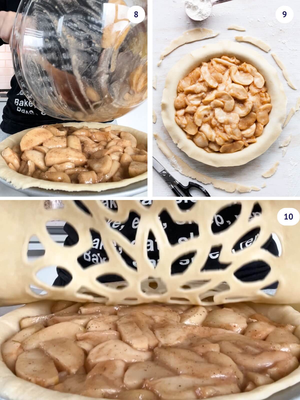 Filling a pie crust with maple-roasted apples before topping with a second rolled out crust to create a double-crust apple pie.