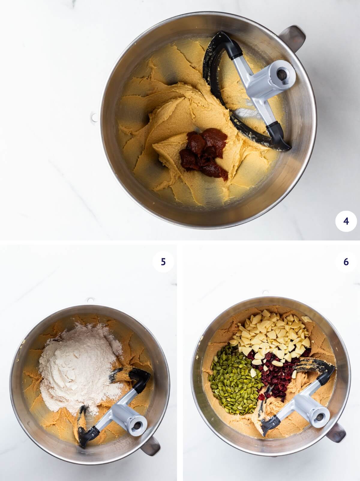 Mixing apple butter, followed by dry ingredients, white chocolate, pumpkin seeds, and dried cranberries to make dough for apple butter cookies.