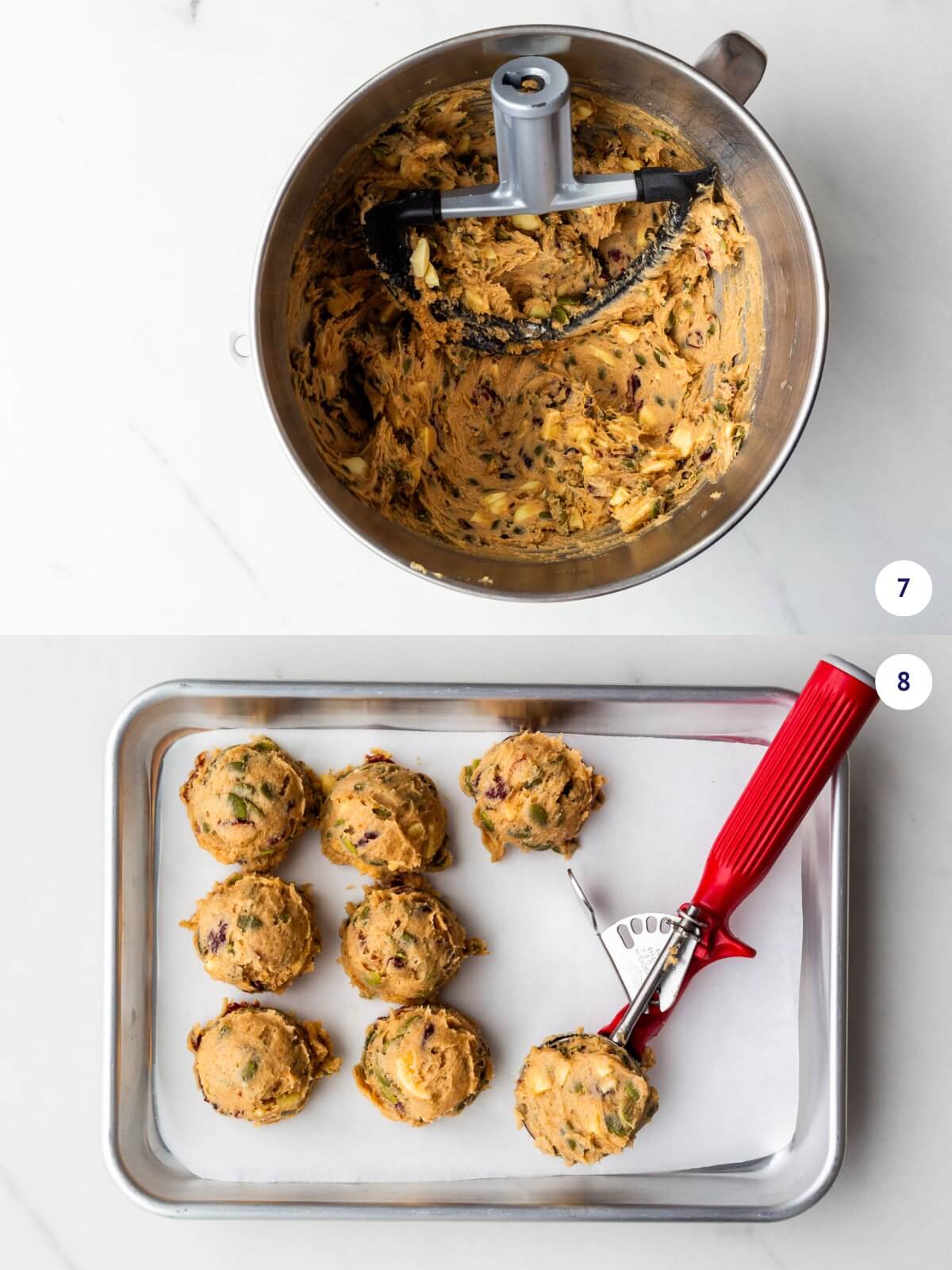 Portioning out the dough for apple butter cookies with a cookie scoop.