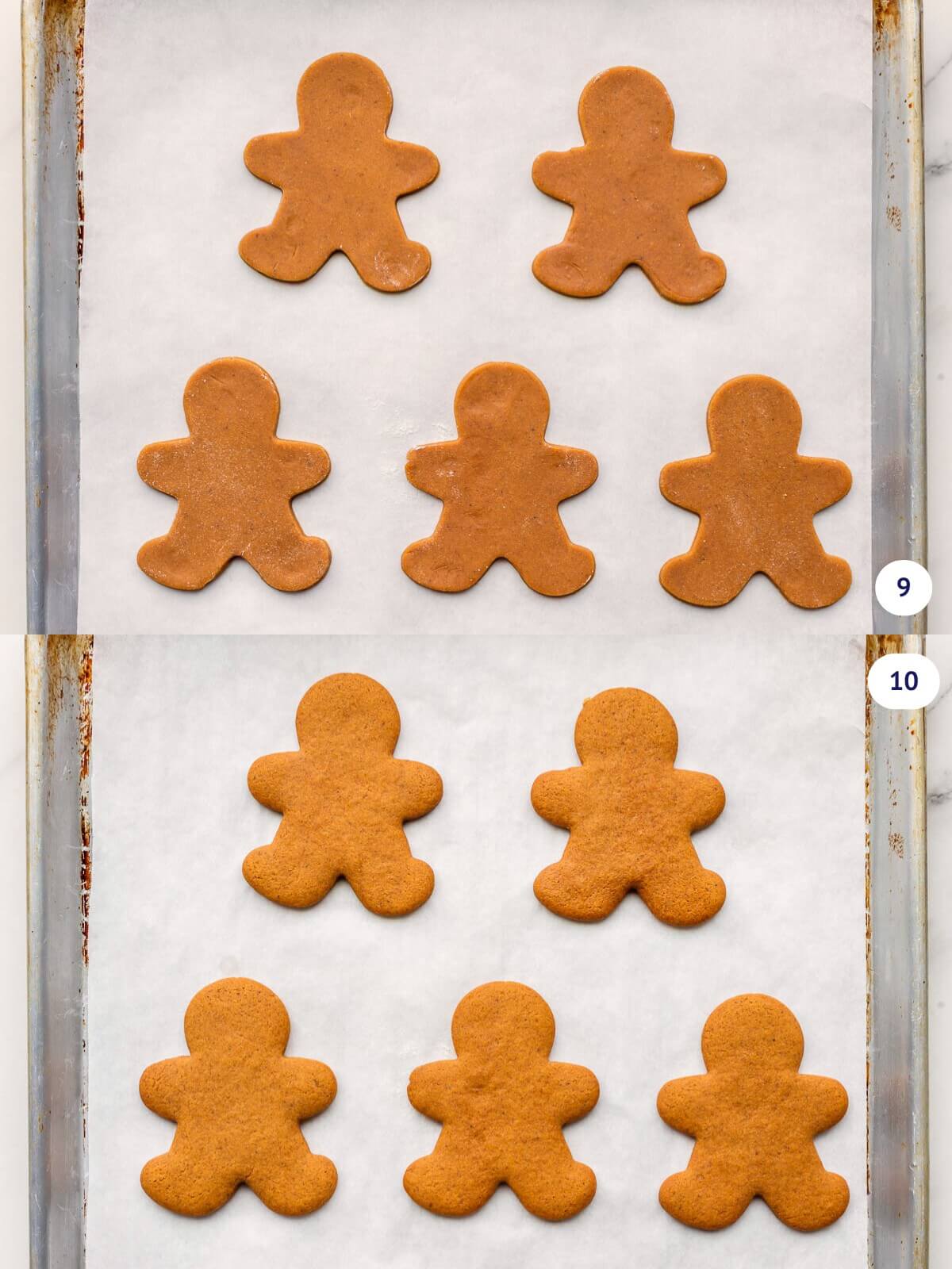 Cutout gingerbread cookie people before and after baking on a sheet pan to show the cookies hold their shape in the oven.