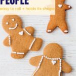 Gingerbread cookie people decorated with royal icing to create faces.