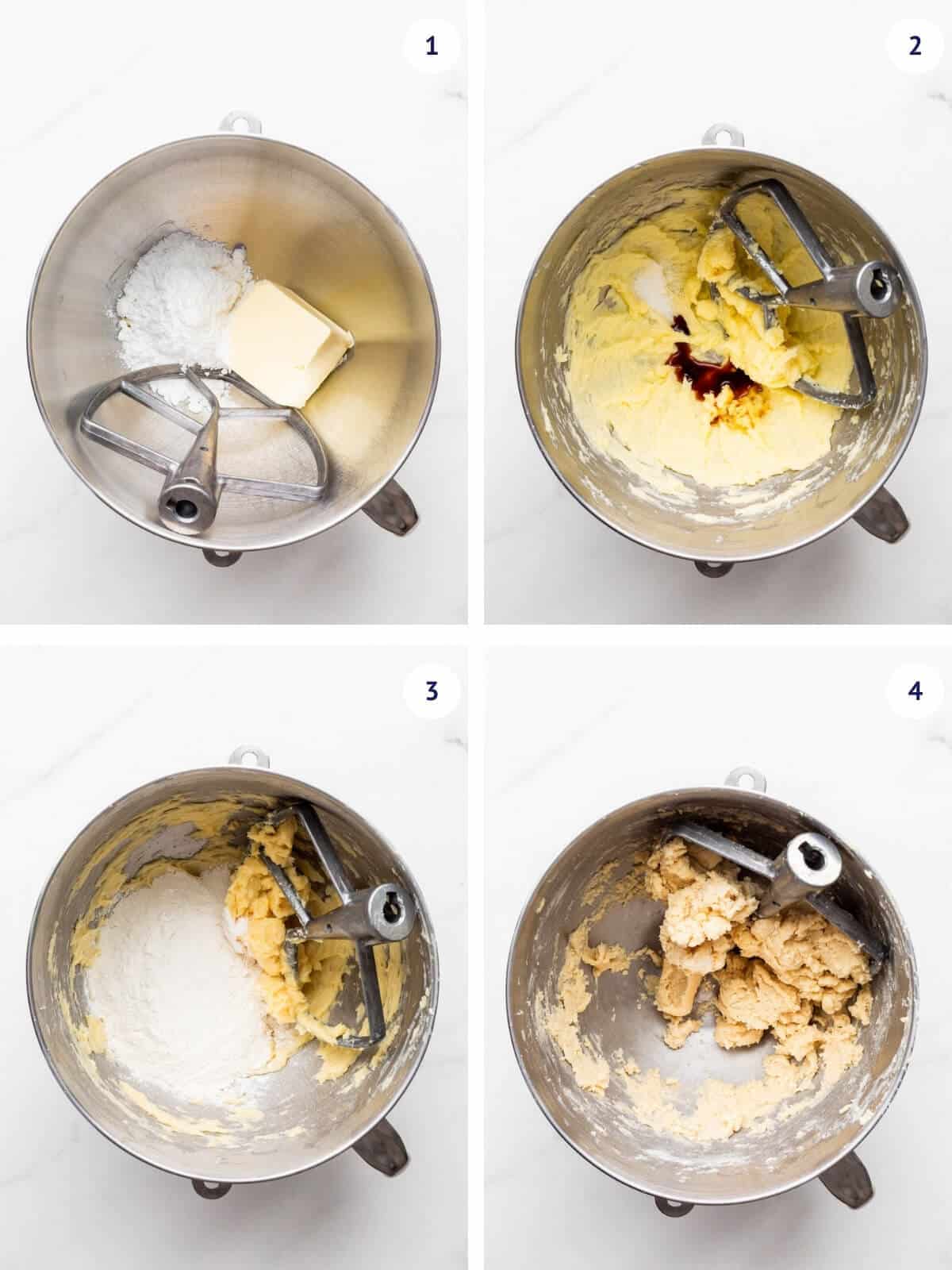 Combining butter and sugar before adding vanilla, salt, and then flour to make the dough for jam-filled shortbread cookies.
