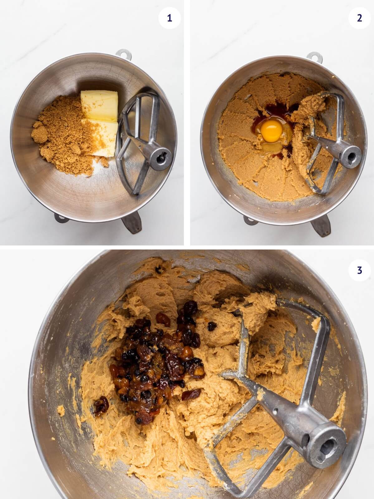 Creaming butter and sugars in a stand mixer before adding egg, vanilla, and leftover mincemeat filling to make mincemeat cookies.