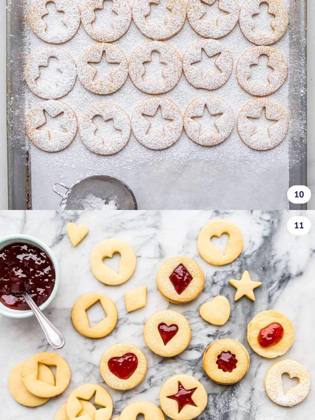 Dusting shortbread cookies with icing sugar before sandwiching with jam.
