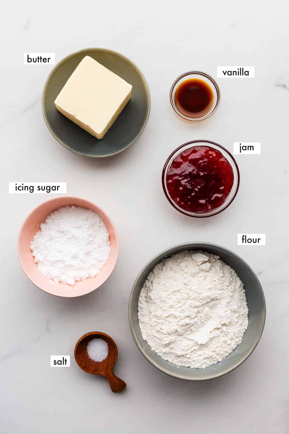 Ingredients to make jam-filled shortbread cookies measured out.