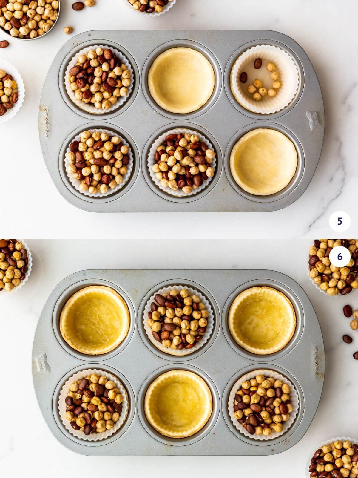 Blind-baking the shells for butter tarts in a muffin pan with silicone liners filled with beans to ensure the shells bake perfectly without puffing.