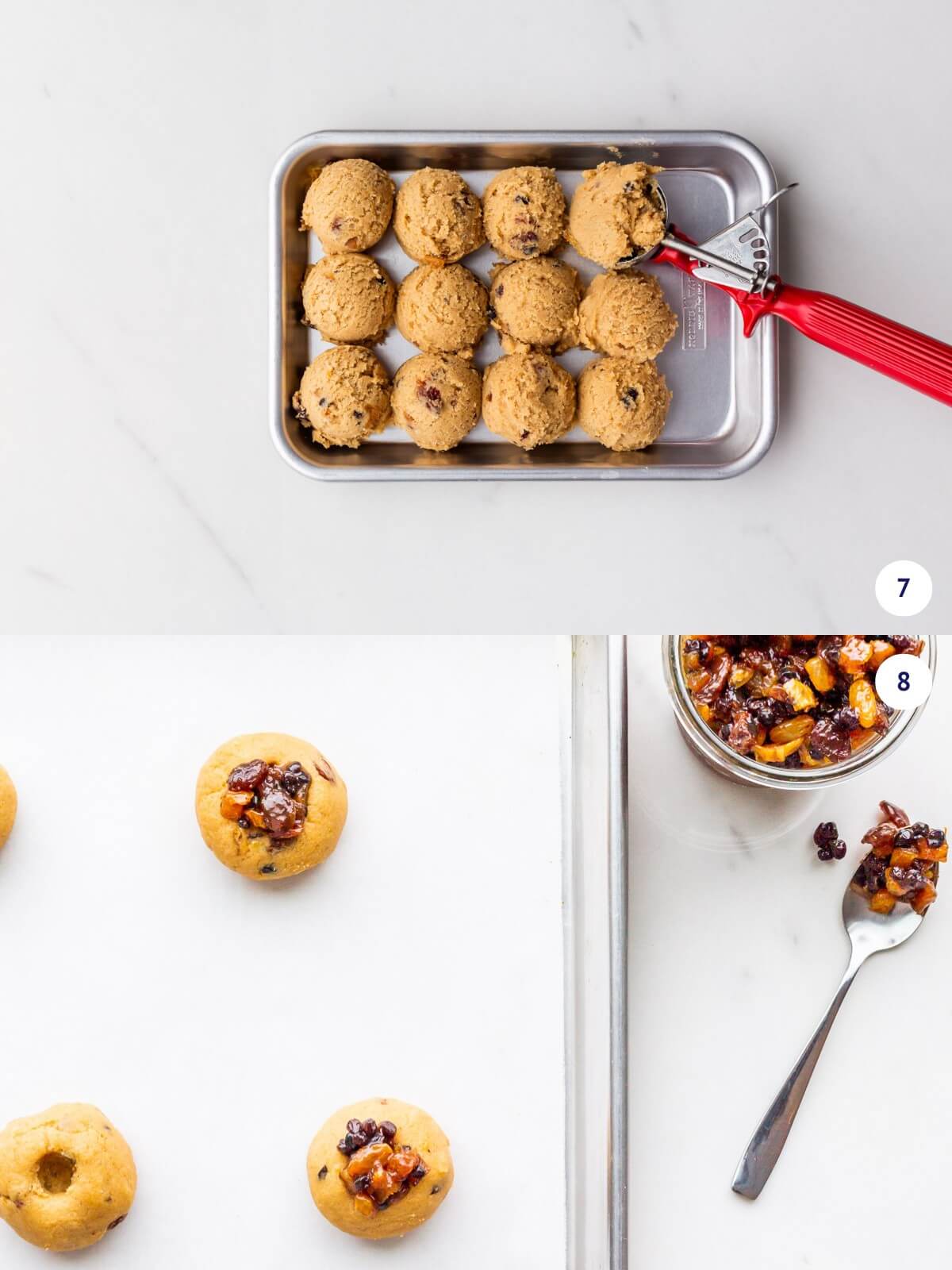 Scooping mincemeat cookie dough and filling with more mincemeat filling.