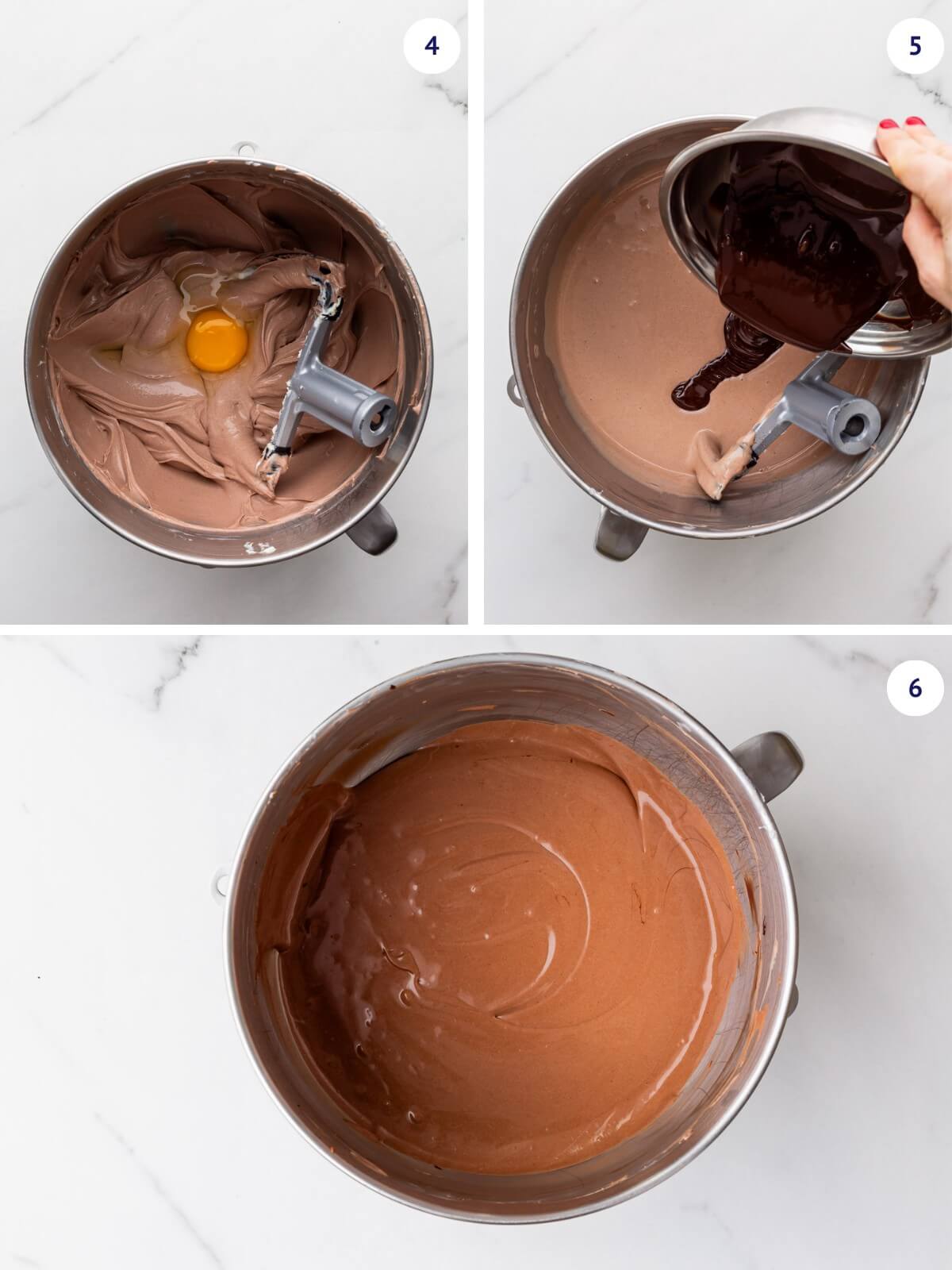Adding eggs followed by melted chocolate to make the filling for a baked chocolate cheesecake.