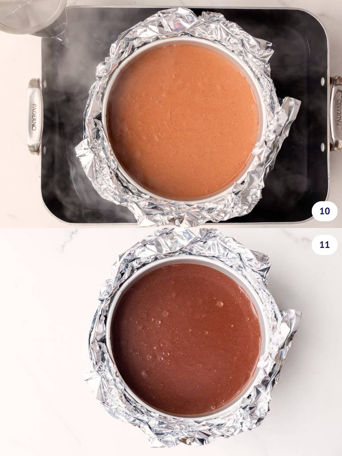Filling a roasting pan with boiling water to bake a chocolate cheesecake in a springform pan wrapped in foil. The water bath ensures the final cheesecake has a flat surface with no cracks.
