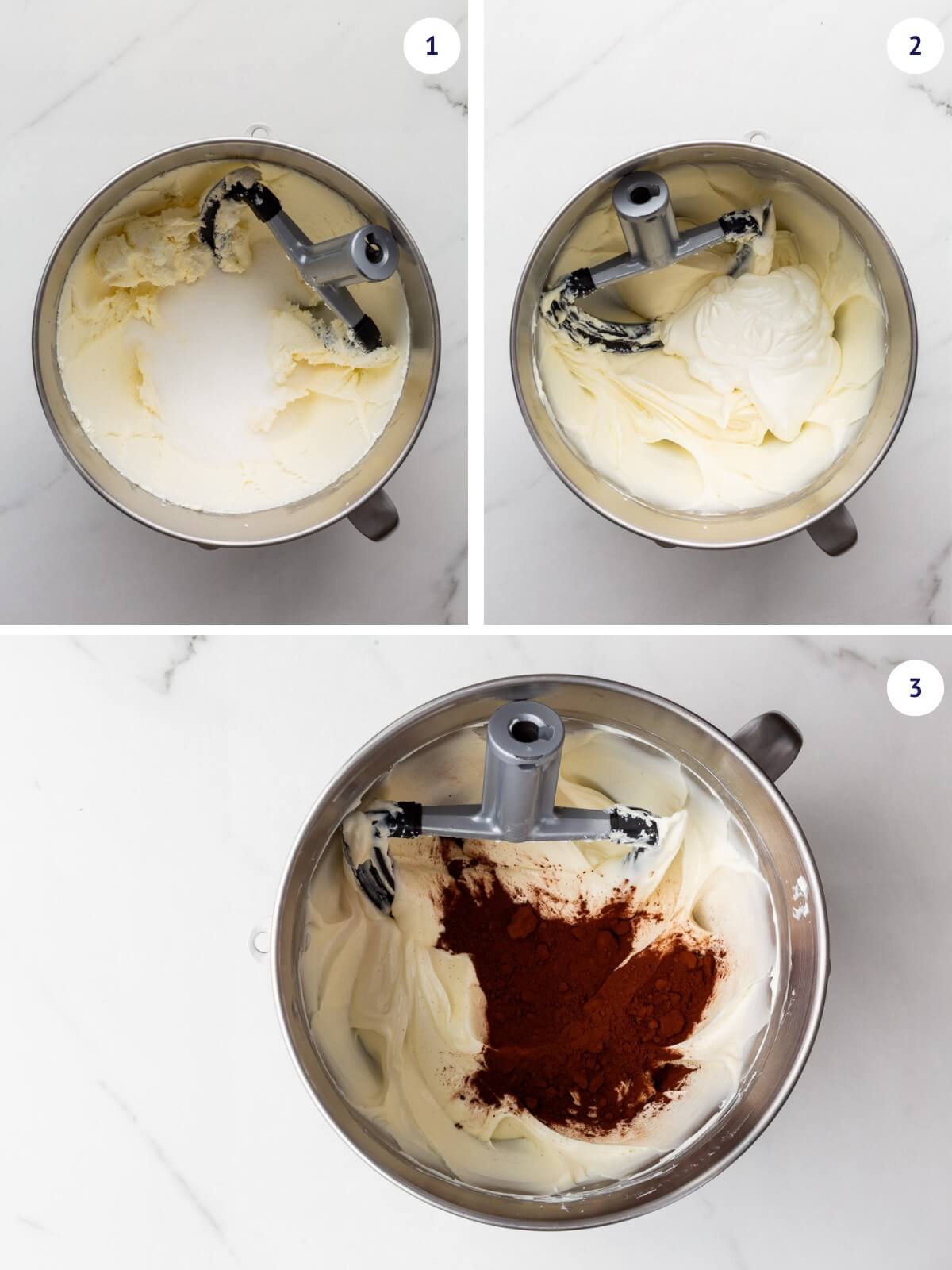 Adding granulated sugar, sour cream, and cocoa powder to make the filling for a chocolate cheesecake.