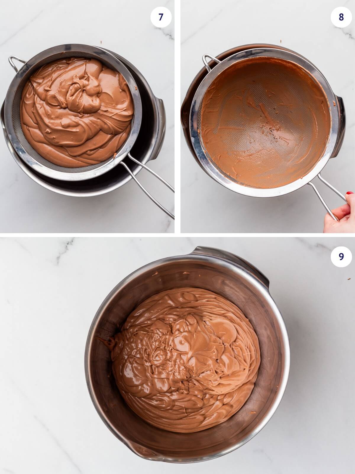 Straining chocolate cheesecake filling to ensure it smooth.