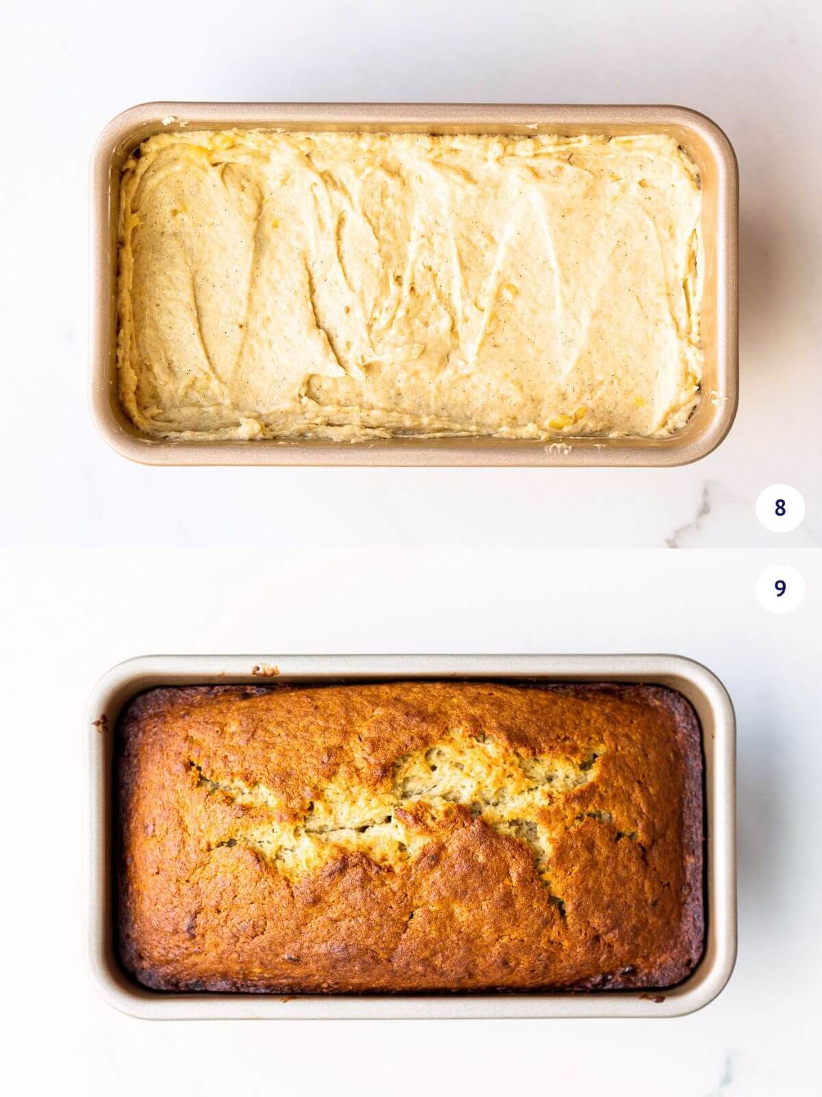 Banana bread made without baking soda, before and after baking.