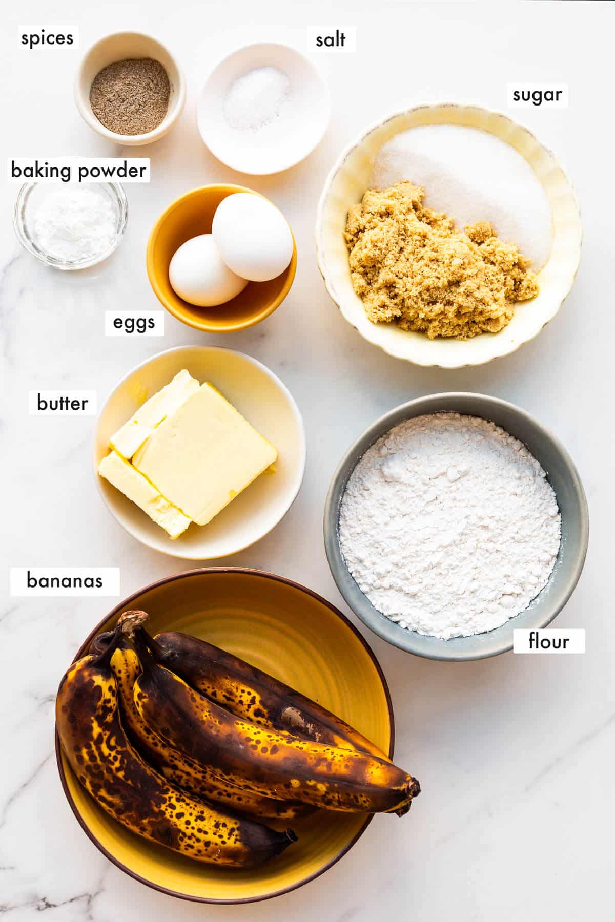 Ingredients measured out to make banana bread without baking soda.