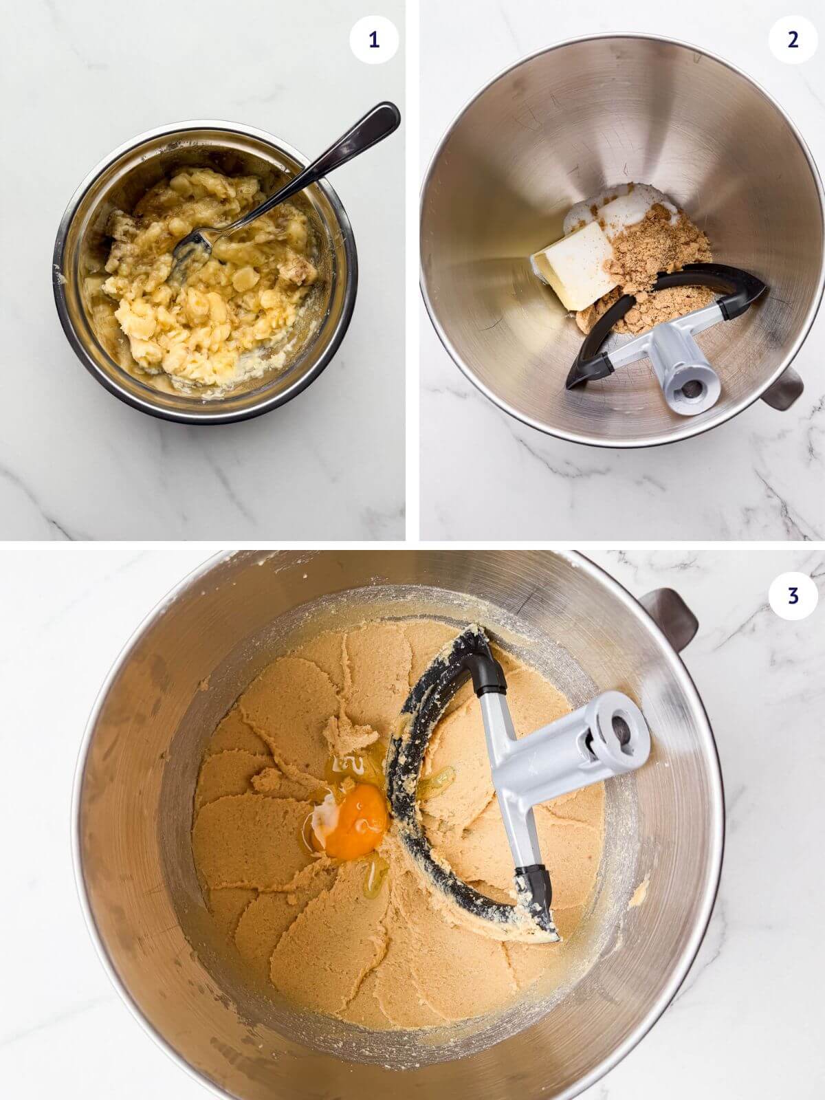 Mashing banana in a bowl while creaming butter and sugar before adding eggs to make banana bread without baking soda.
