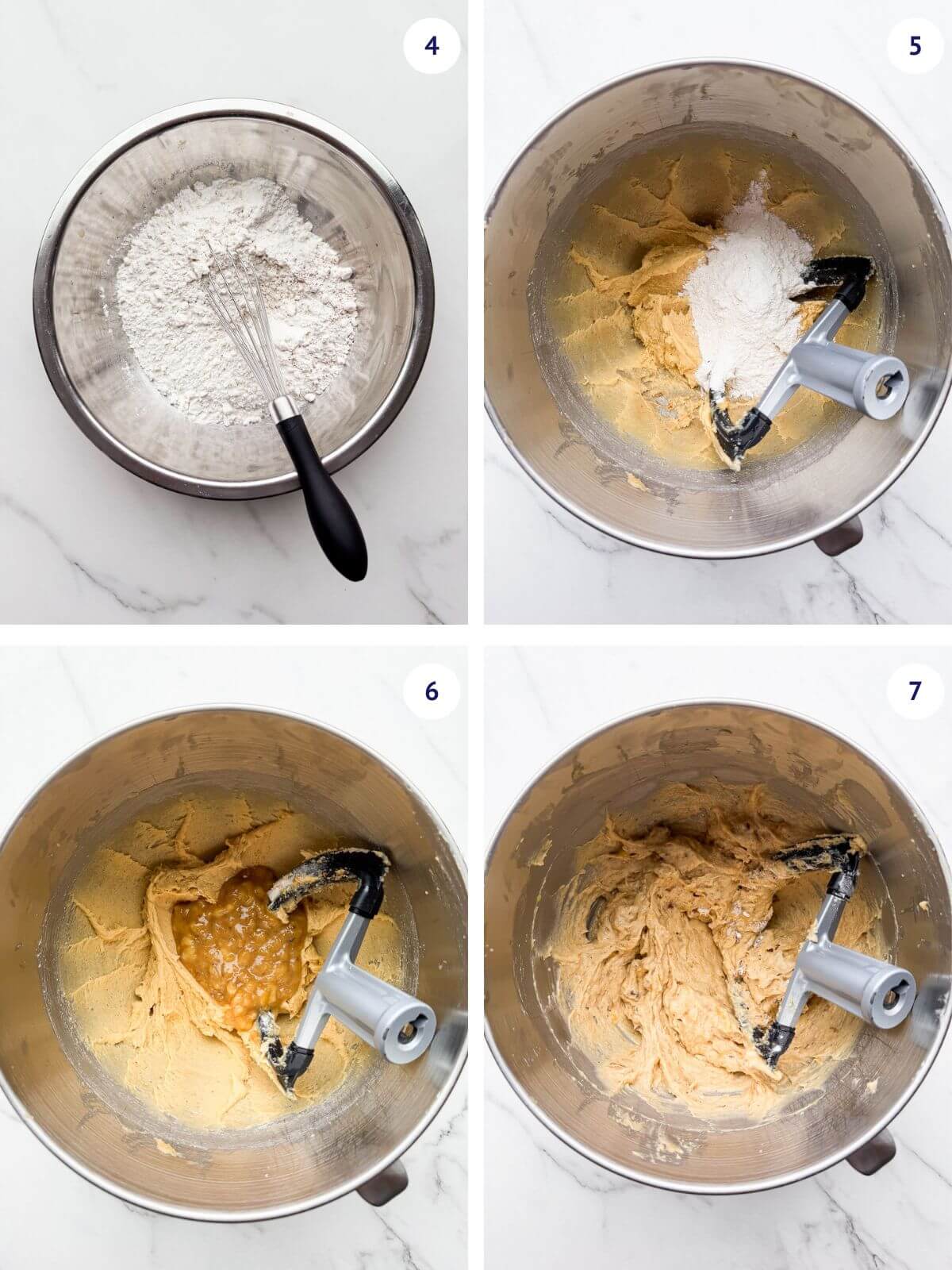 Whisking dry ingredients separately before adding to mixer, alternating with mashed banana and vanilla extract to make batter for banana bread without baking soda.