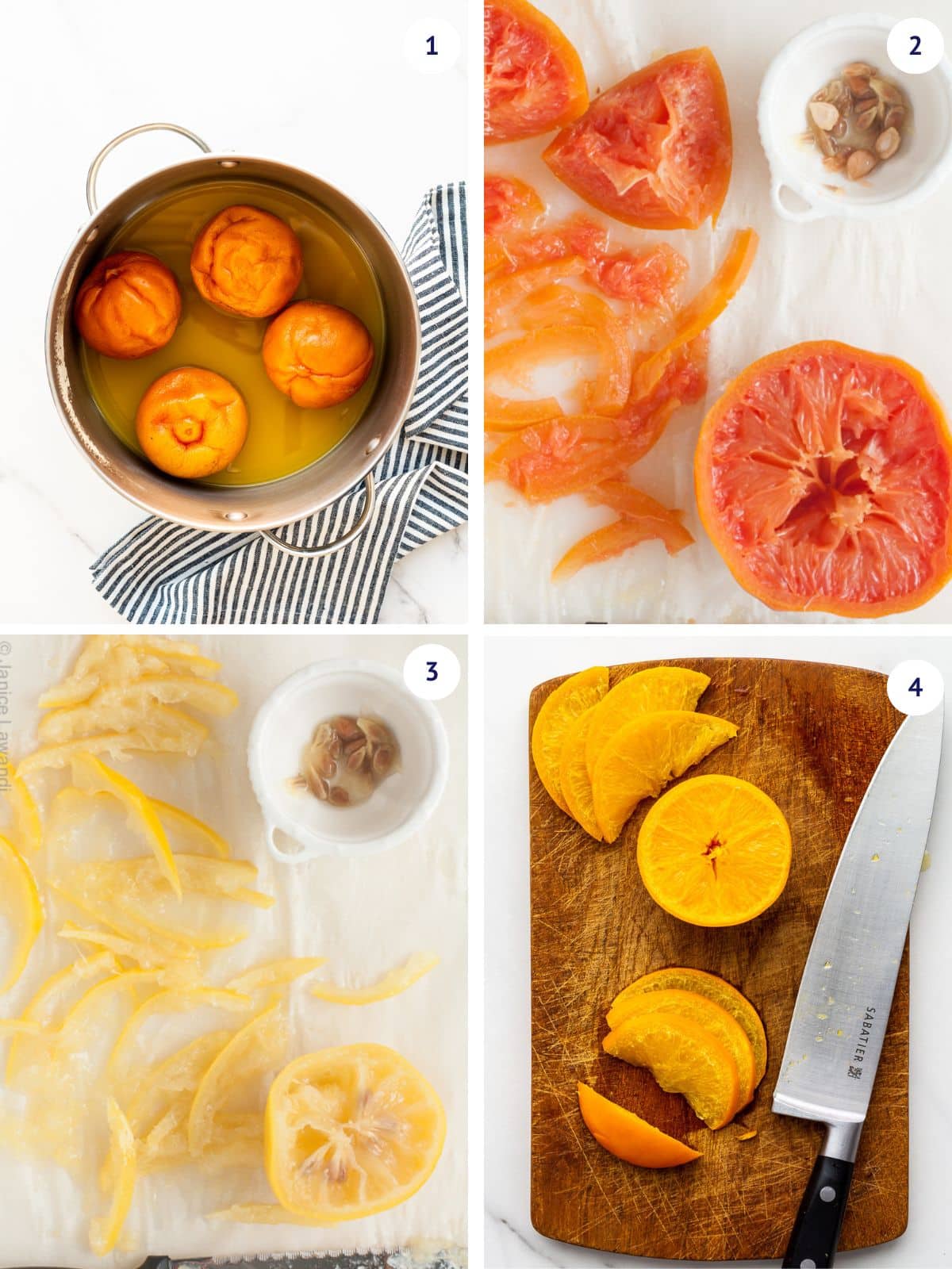 Boiled whole citrus fruit that is then sliced to make three fruit marmalade from whole citrus fruit (oranges, grapefruit, and lemon).