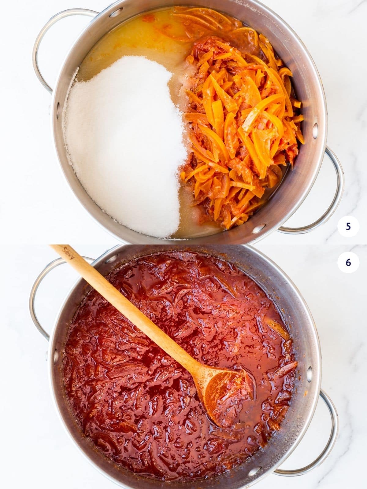 Making three fruit marmalade from whole citrus fruit (oranges, lemon, and grapefruit) that is bioled and sliced before combining with sugar.