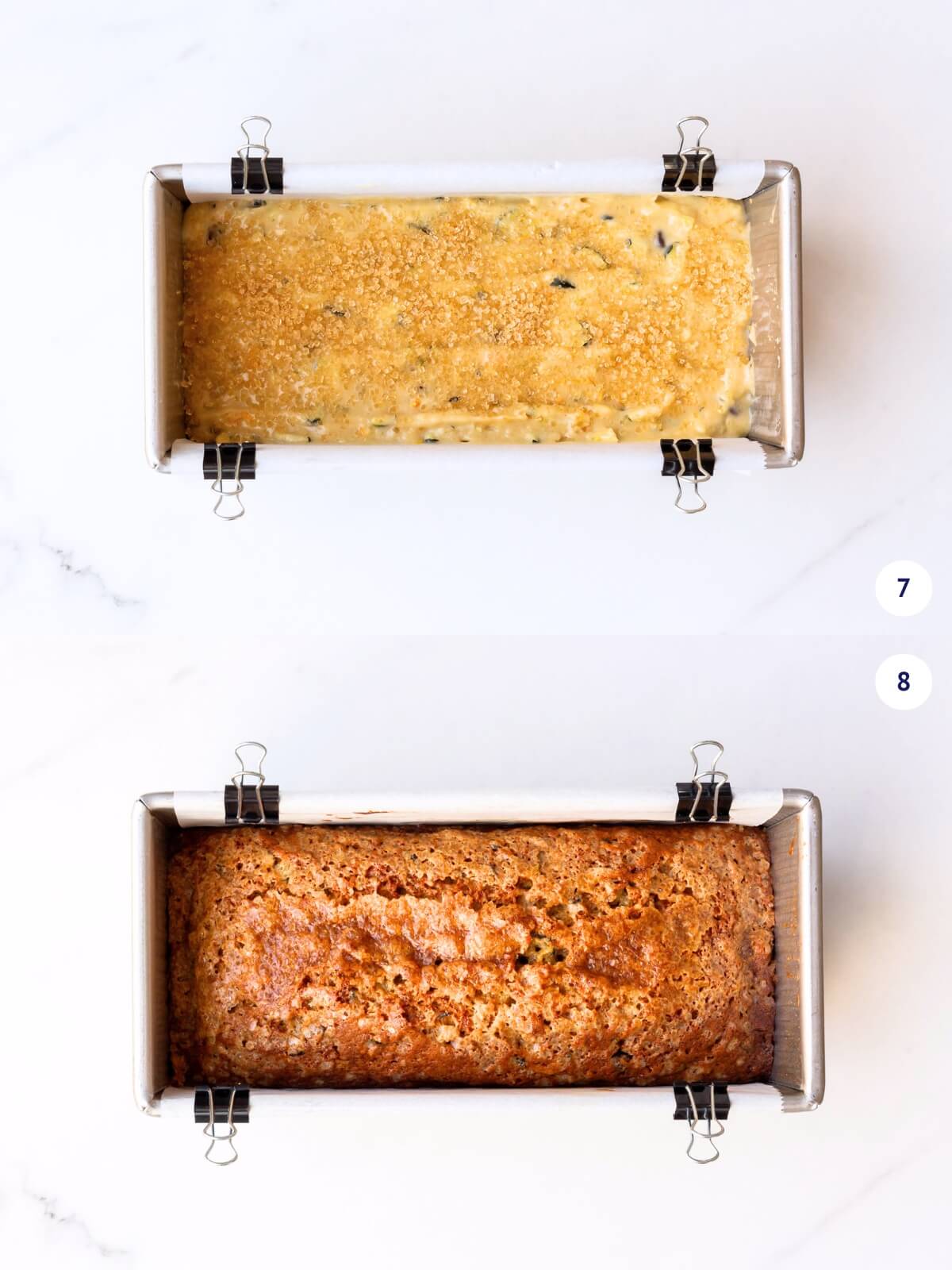 Zucchini bread in a pullman loaf pan before and after baking.
