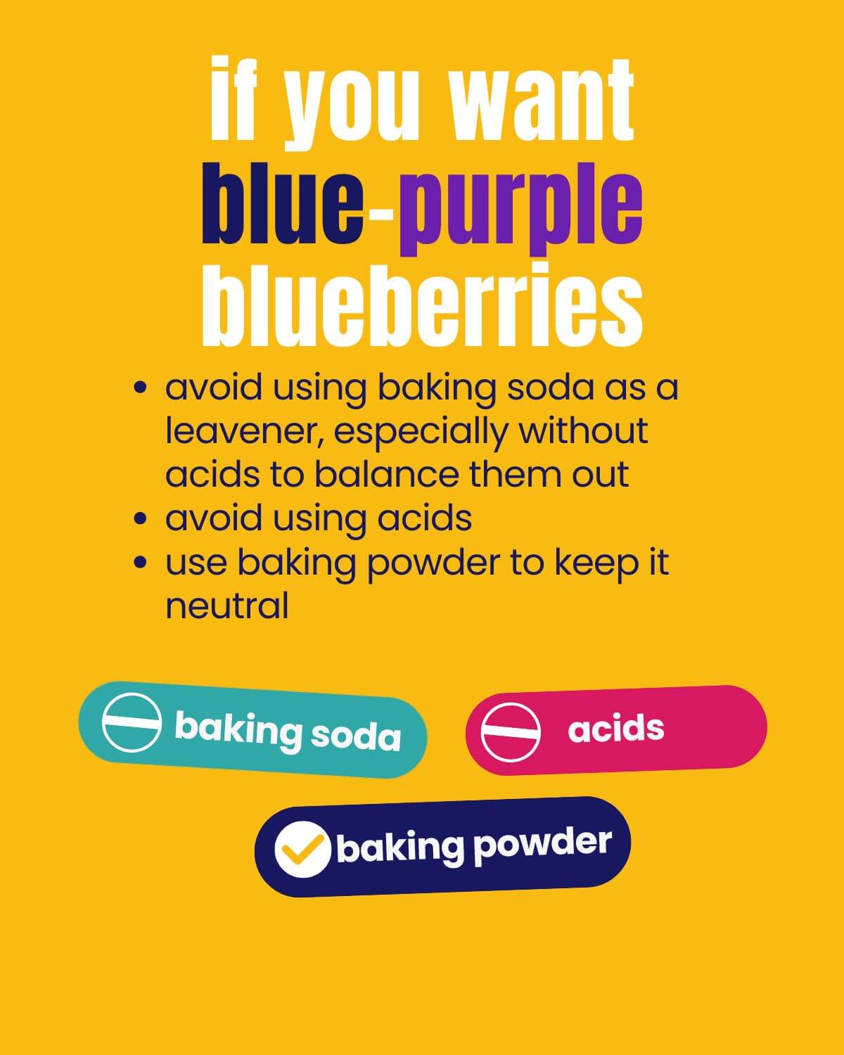Guidelines for ensuring blueberries stay purple–blue include maintaining a neutral pH, avoid excessive baking soda or acids that are unbalanced. Use baking powder instead.