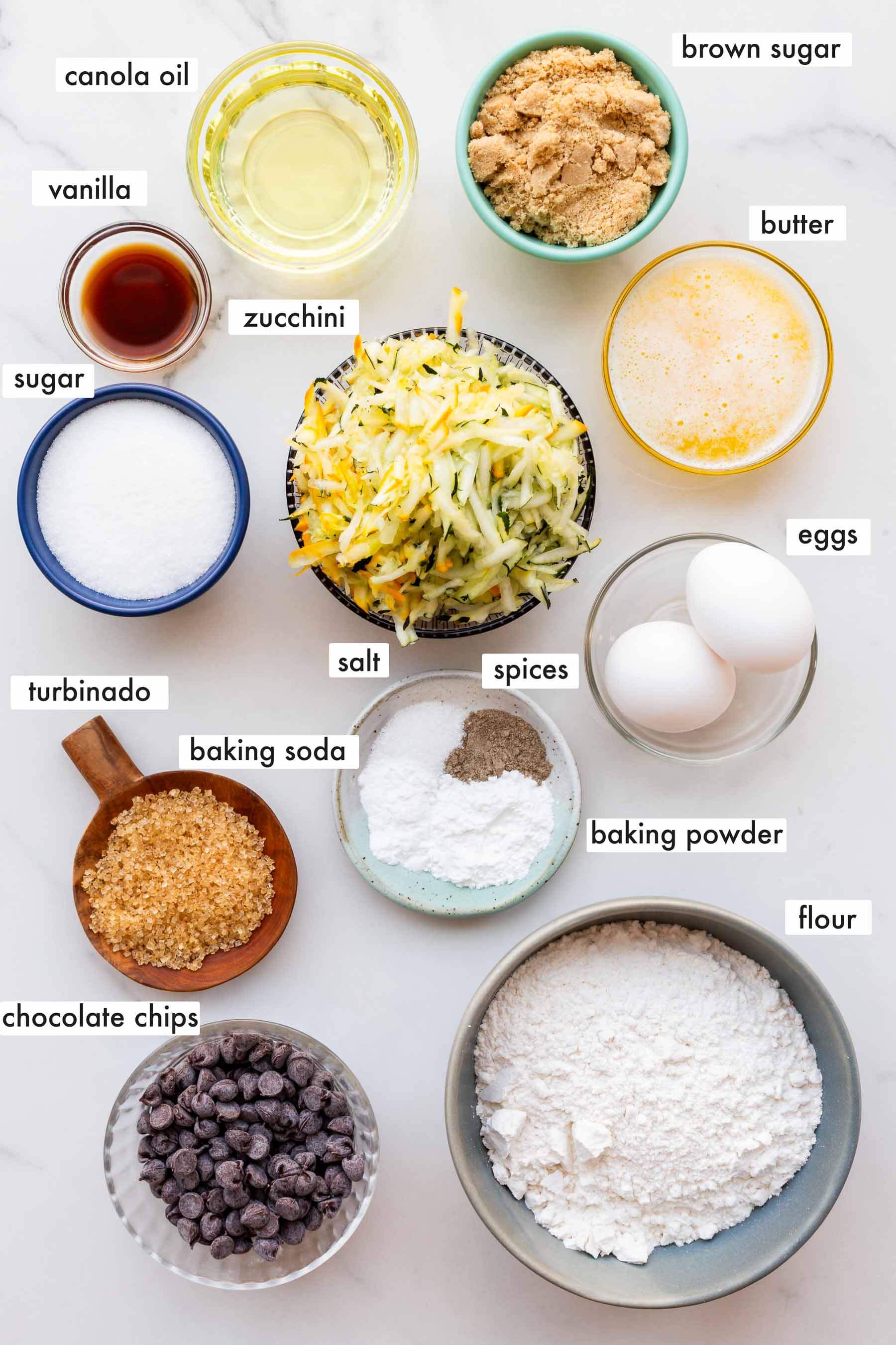 Ingredients to make zucchini bread with chocolate chips measured out and ready to be mixed.