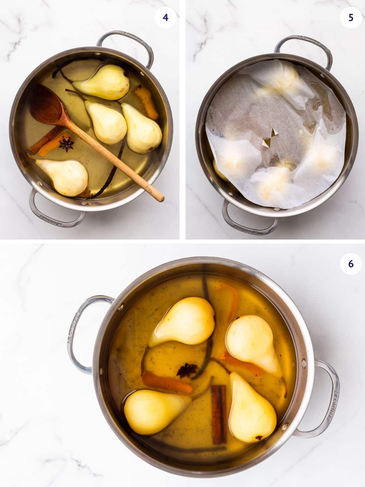 Poaching pears in a flavourful light syrup until al dente with spices (cinnamon stick, star anise, vanilla bean, orange zest).