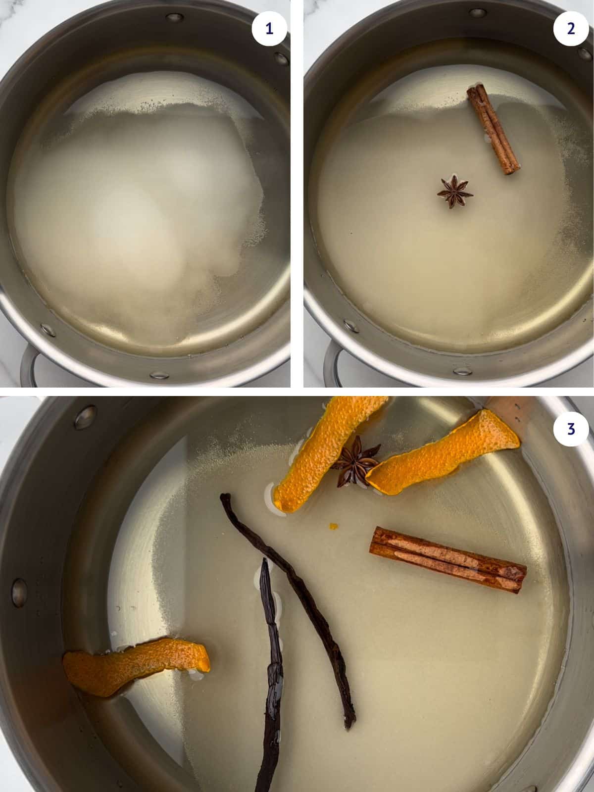 Preparing a poaching liquid with water, wine, sugar, and spices + flavour ingredients (cinnamon, star anise, vanilla bean, and orange zest).