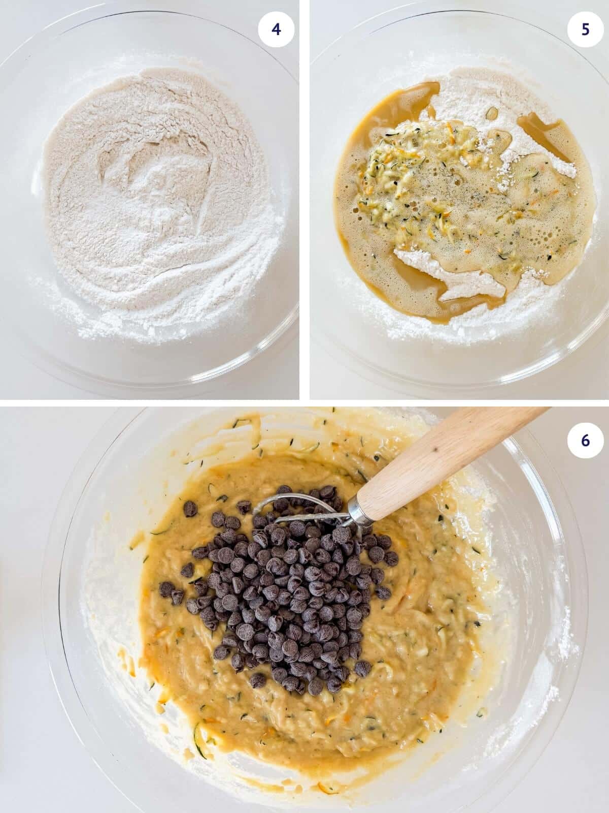 Combining dry and wet ingredients before adding chocolate chips to make a moist zucchini bread.
