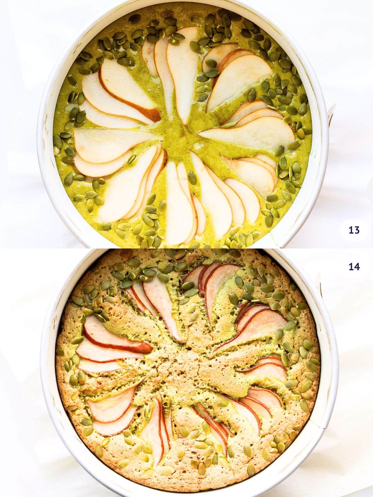 Pumpkin seed cake topped with slice pears and pumpkin seeds, before and after baking until edges are golden and pull away from the sides of the pan.