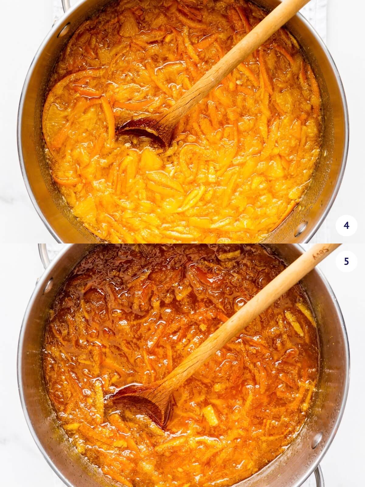 Orange marmalade, before and after boiling to the marmalade setting point.