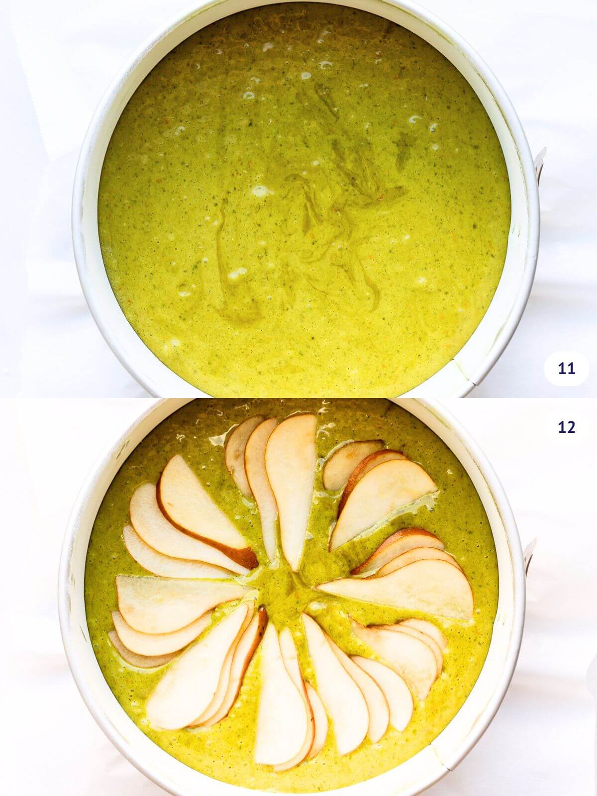 Garnishing a pumpkin seed cake before baking with thinly sliced pear.