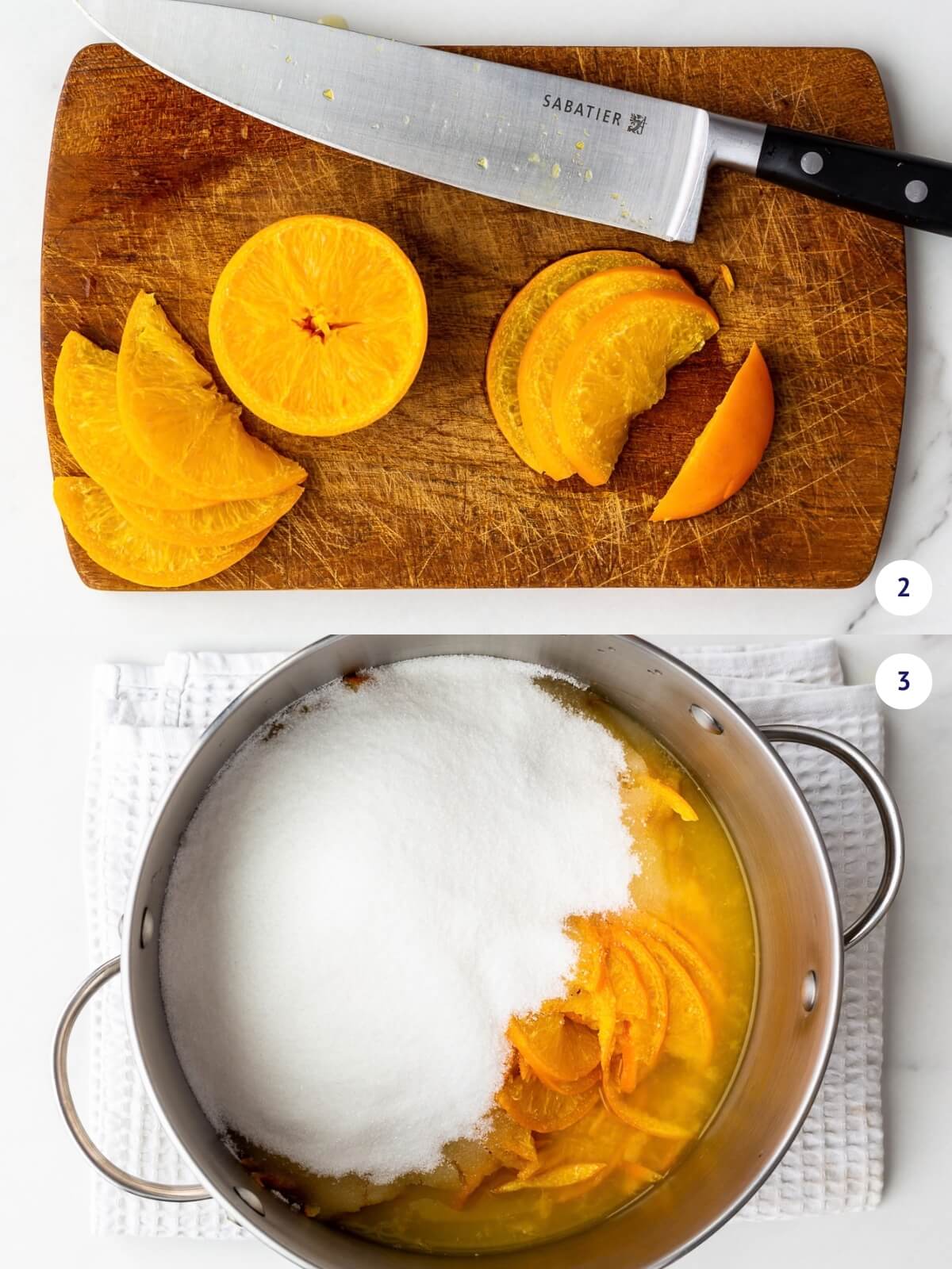 Slicing boiled oranges, then combining the sliced boiled oranges with sugar to make orange marmalade.
