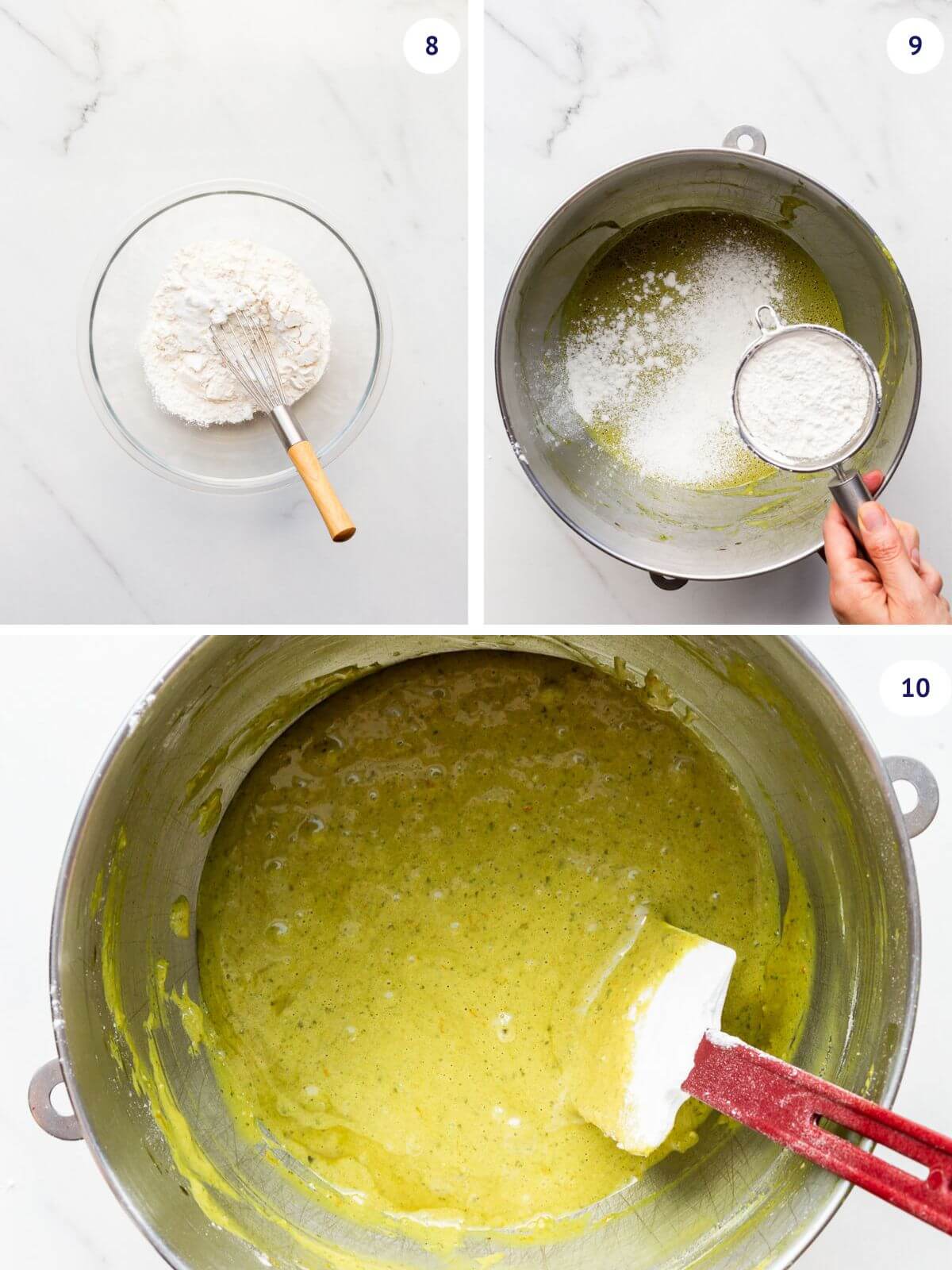Whisking dry ingredients before sifting them over the pumpkin seed cake batter and folding them in to create a thick, aerated cake batter that is a vibrant green colour.