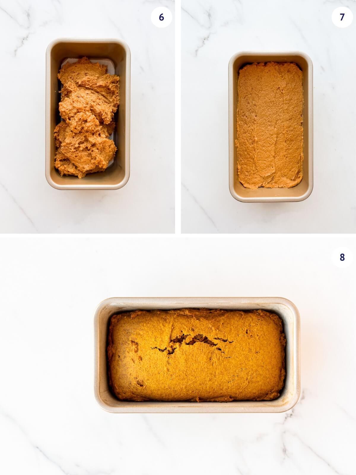 Pumpkin bread before and after baking.