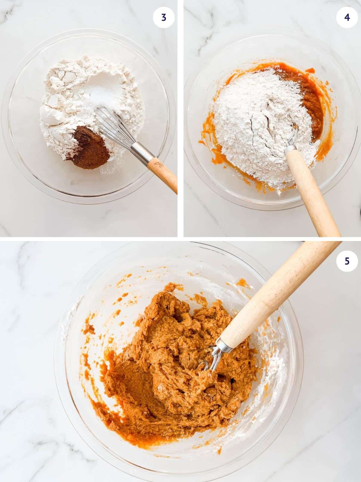 Whisking dry ingredients and pouring over wet ingredients to create a thick batter for a healthy pumpkin bread.
