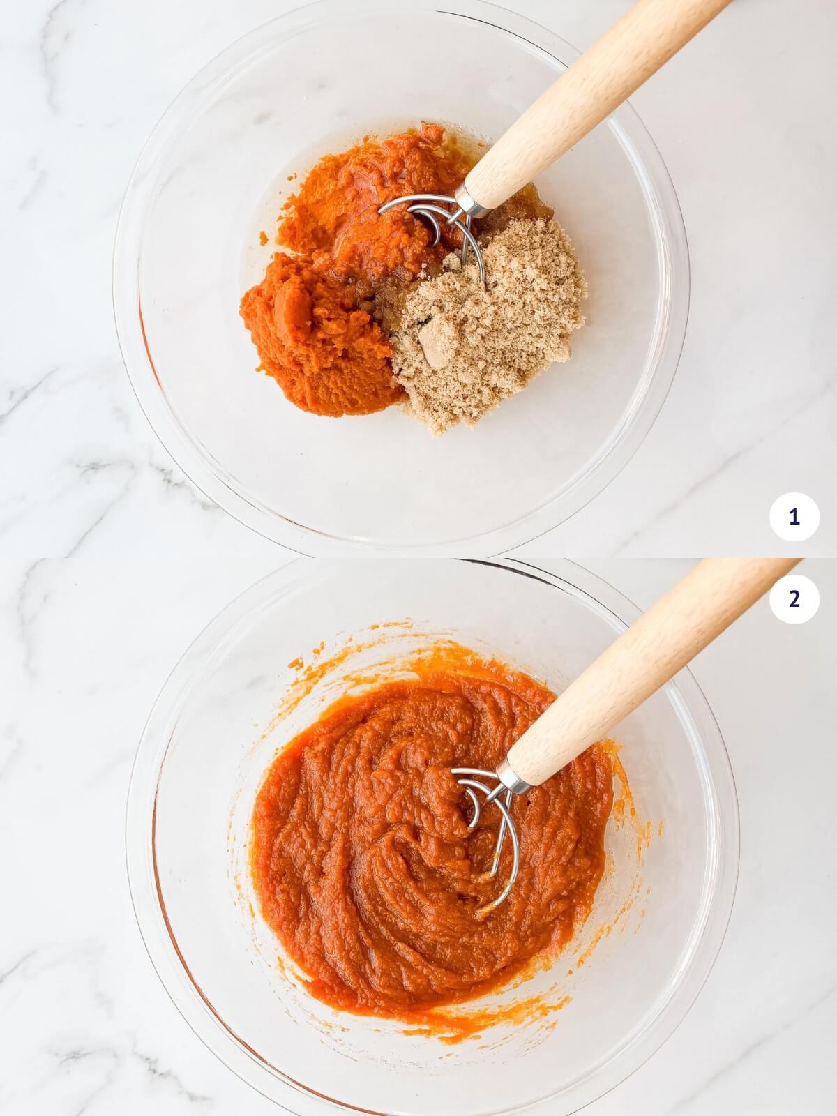 Whisking wet ingredients together to make a vegan pumpkin bread.