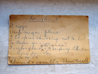 Old handwritten recipe card for baking powder doughnuts